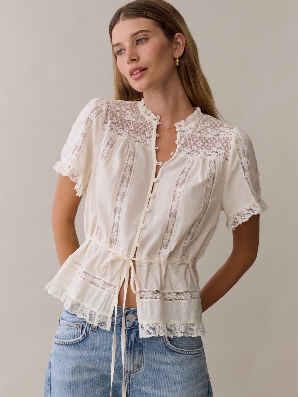 Sorella Few Moda Destiny Top Lace Trim Ivory Cream Peasant Blouse NWT - Picture 6 of 9